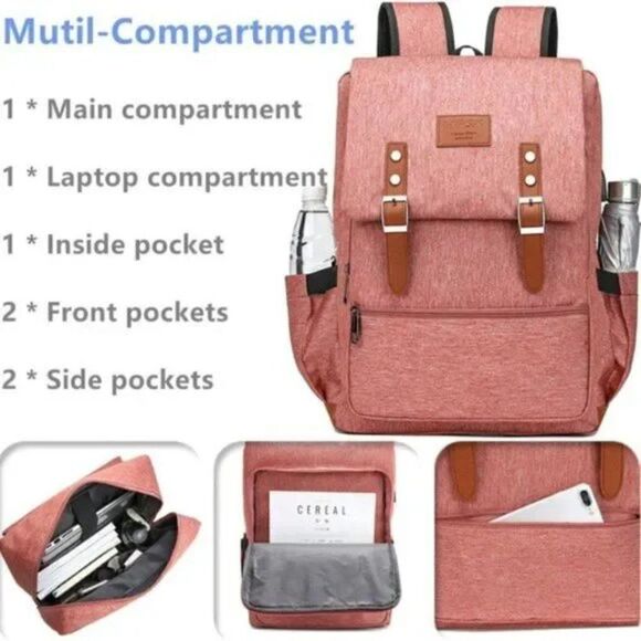 New Backpack Anti Theft Fits 15.6inch Pink - Picture 5 of 8